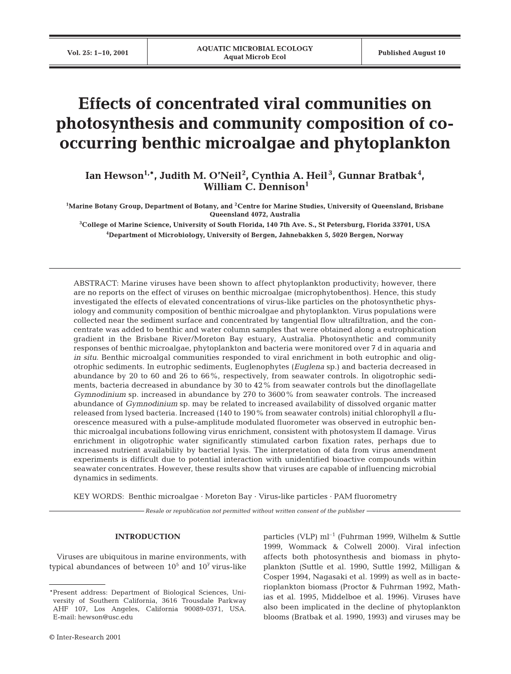 Effects of Concentrated Viral Communities on Photosynthesis and Community Composition of Co- Occurring Benthic Microalgae and Phytoplankton