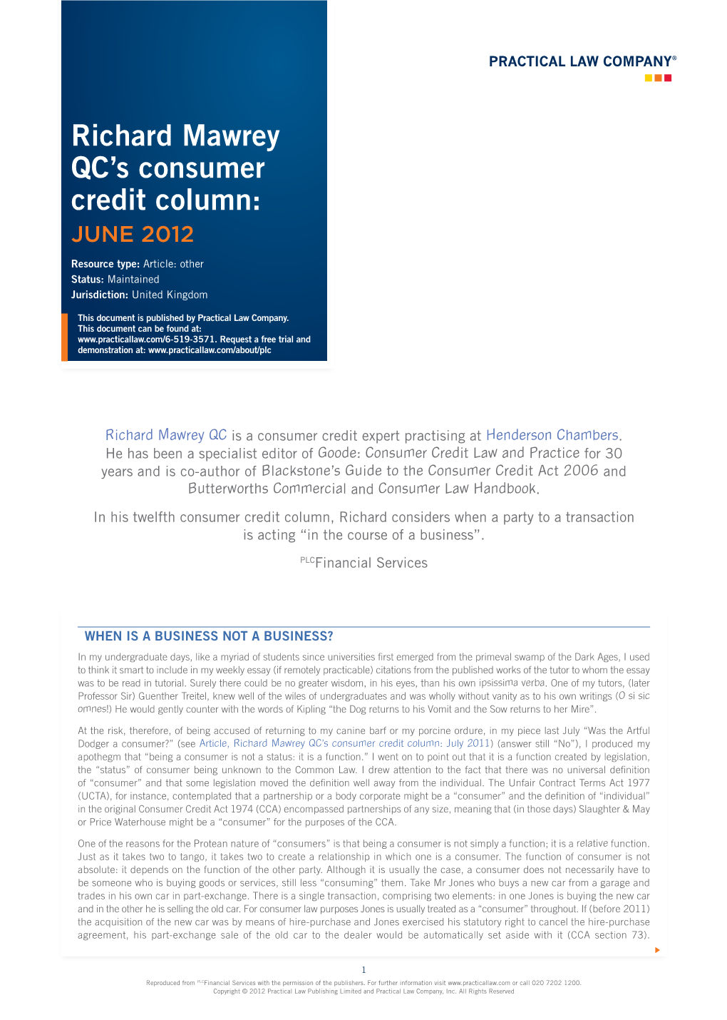 Richard Mawrey QC's Consumer Credit Column