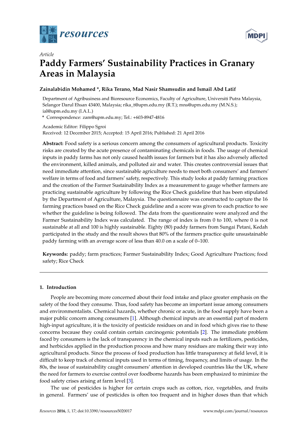 Paddy Farmers' Sustainability Practices in Granary Areas in Malaysia