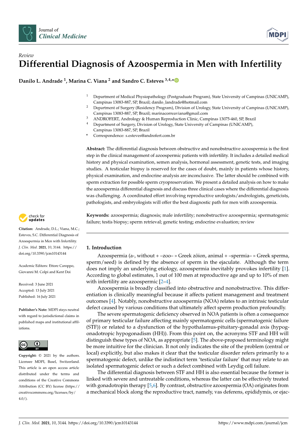 Differential Diagnosis of Azoospermia in Men with Infertility