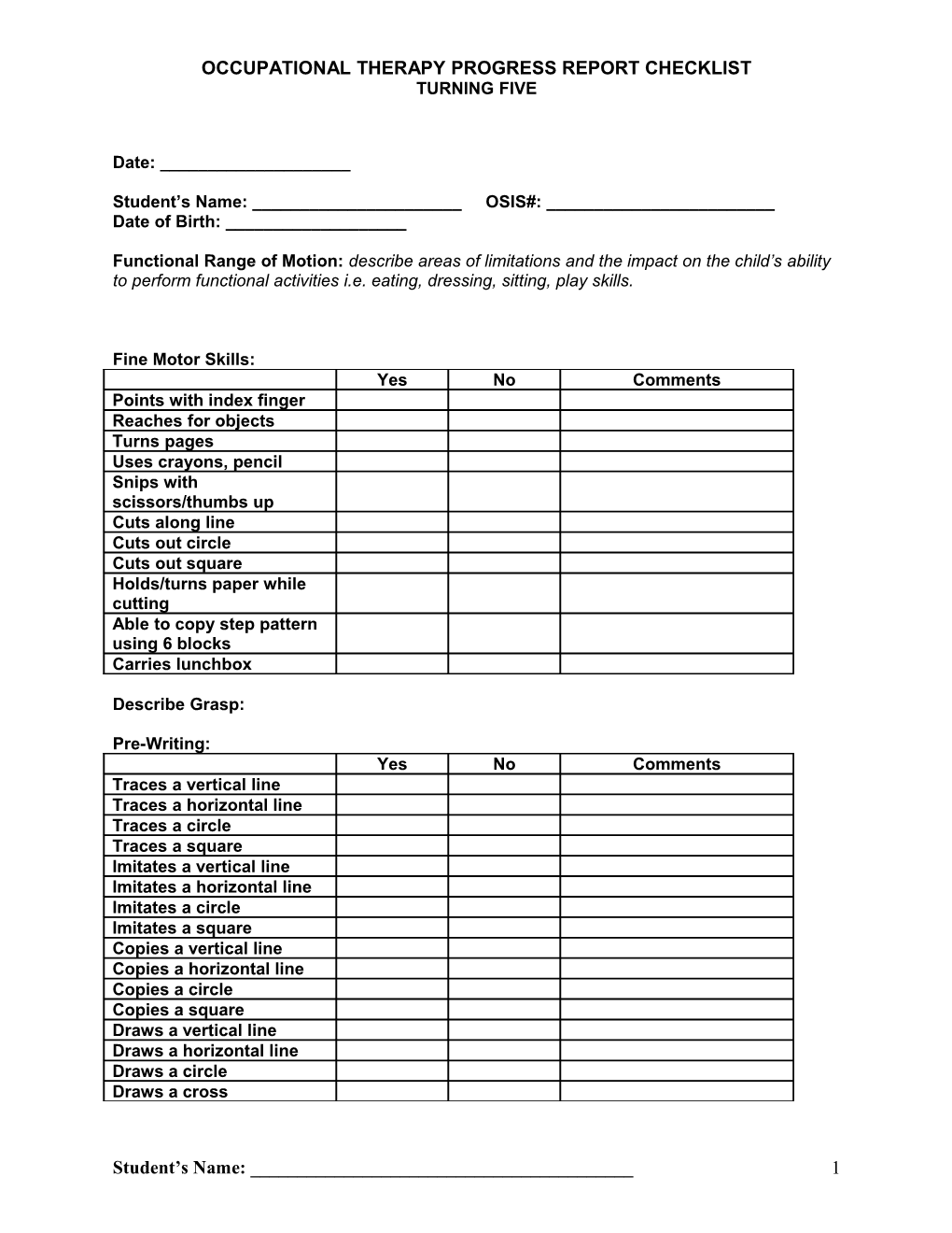 Turning Five Occupational Therapy Progress Report