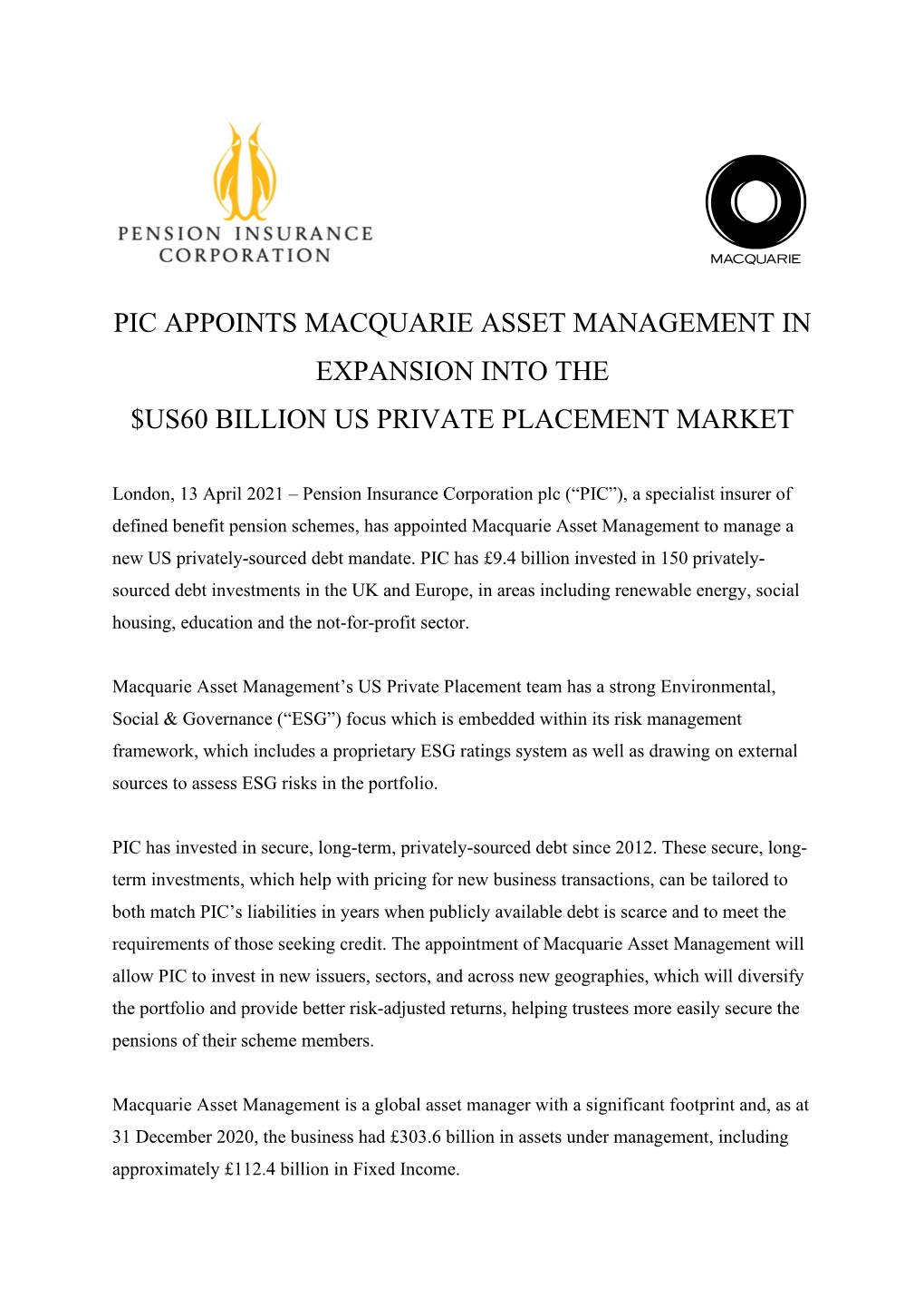 Pic Appoints Macquarie Asset Management in Expansion Into the $Us60 Billion Us Private Placement Market