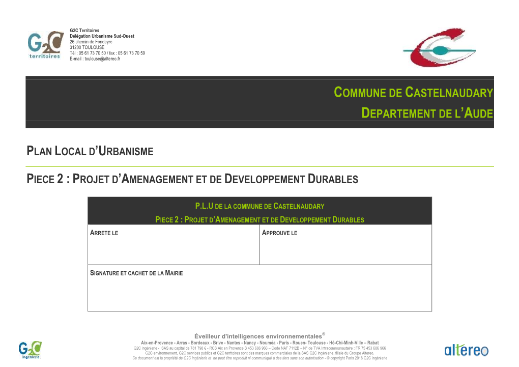 Plan Local D'urbanisme Piece 2 : Projet D'amenagement Et De