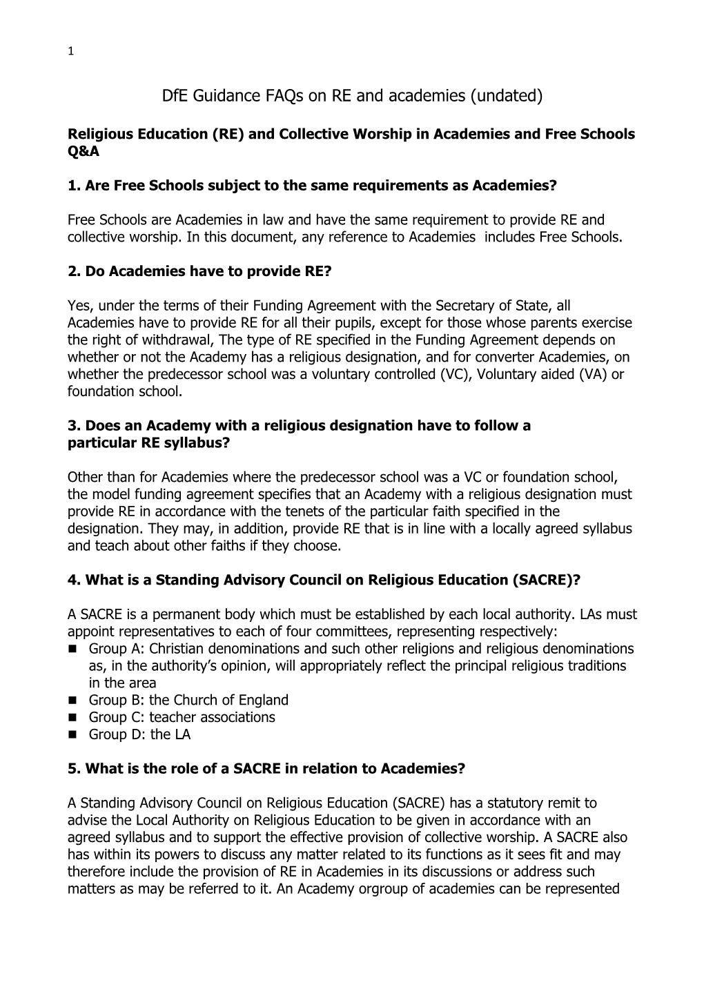 Dfe Guidance Faqs on RE and Academies (Undated)