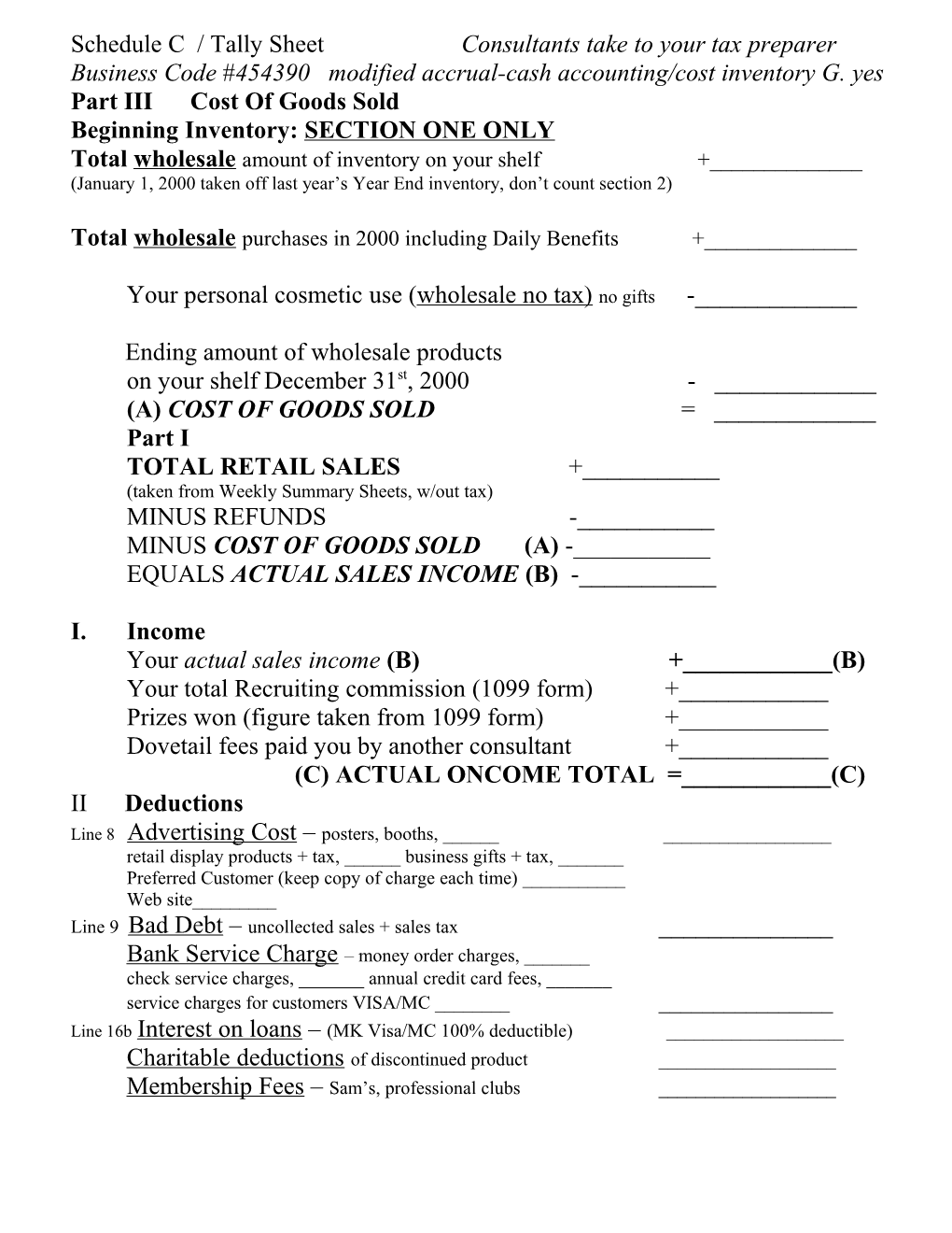 Schedule C / Tally Sheet Consultants Take to Your Tax Preparer