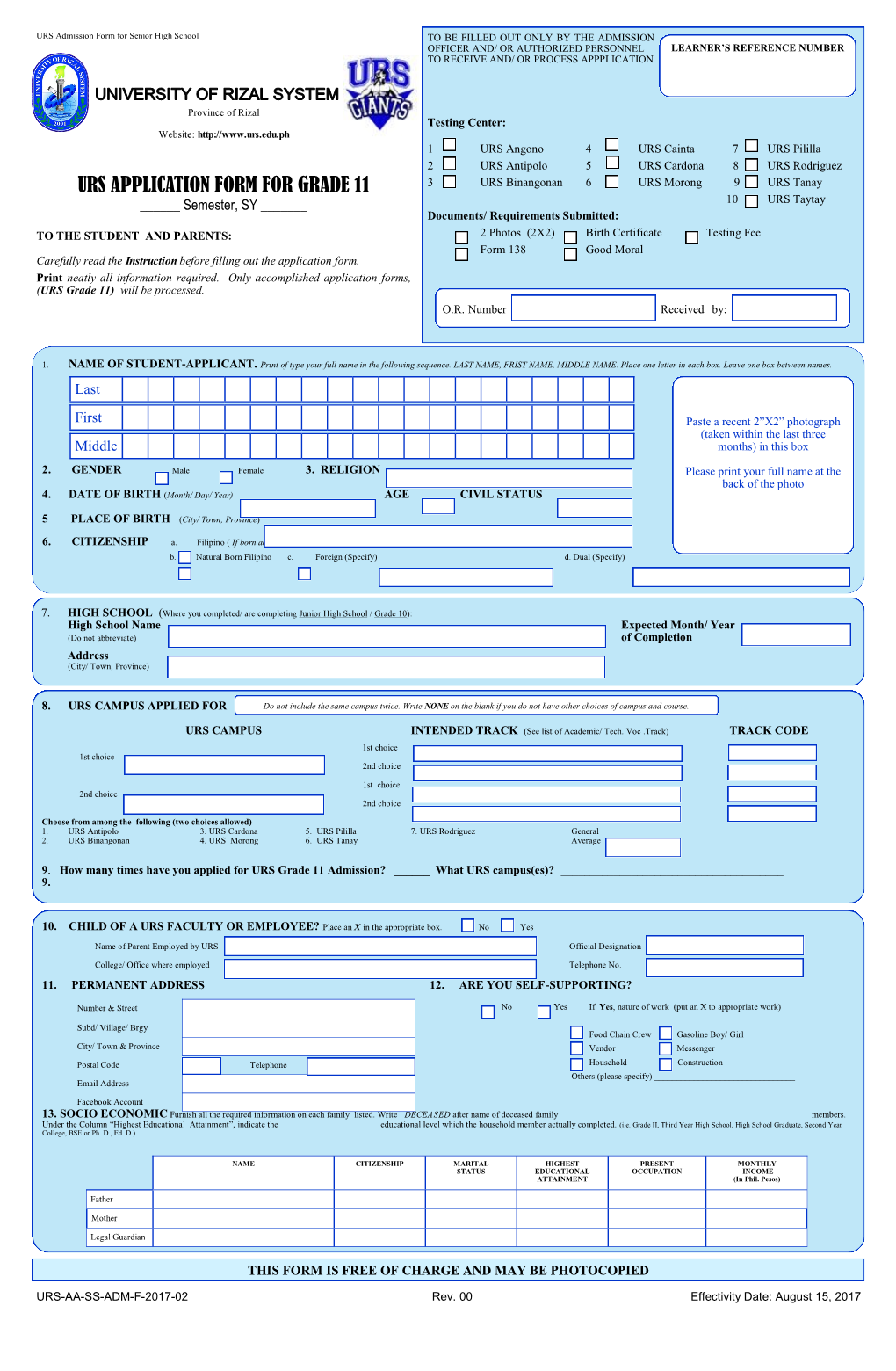 Urs Application Form for Grade 11