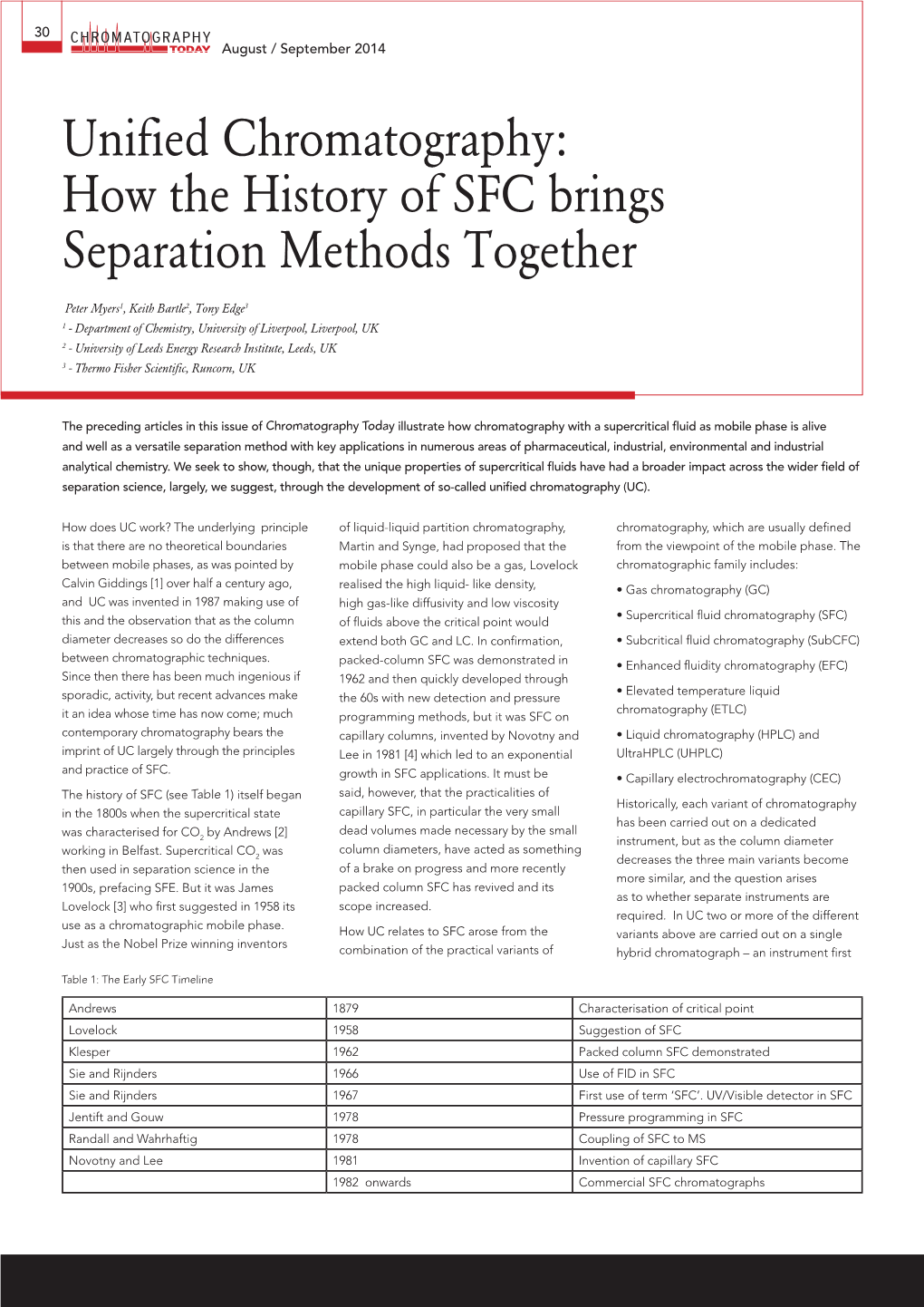 Unified Chromatography: How the History of SFC Brings Separation Methods Together