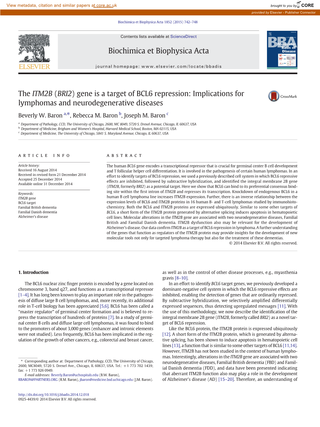 The ITM2B (BRI2) Gene Is a Target of BCL6 Repression: Implications for Lymphomas and Neurodegenerative Diseases