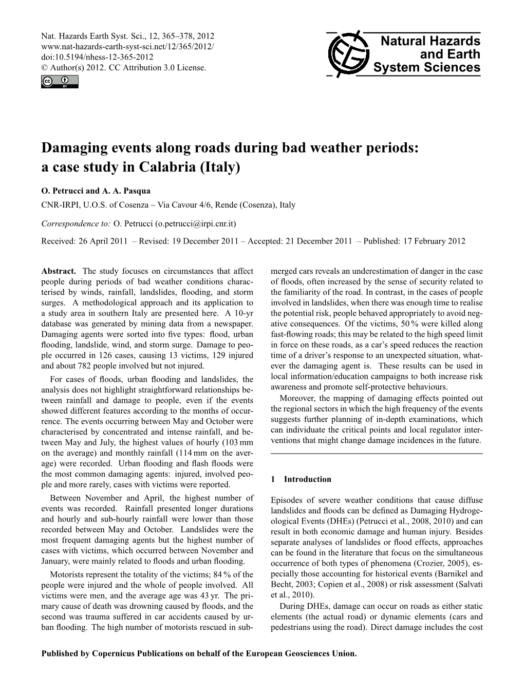 Damaging Events Along Roads During Bad Weather Periods: a Case Study in Calabria (Italy)