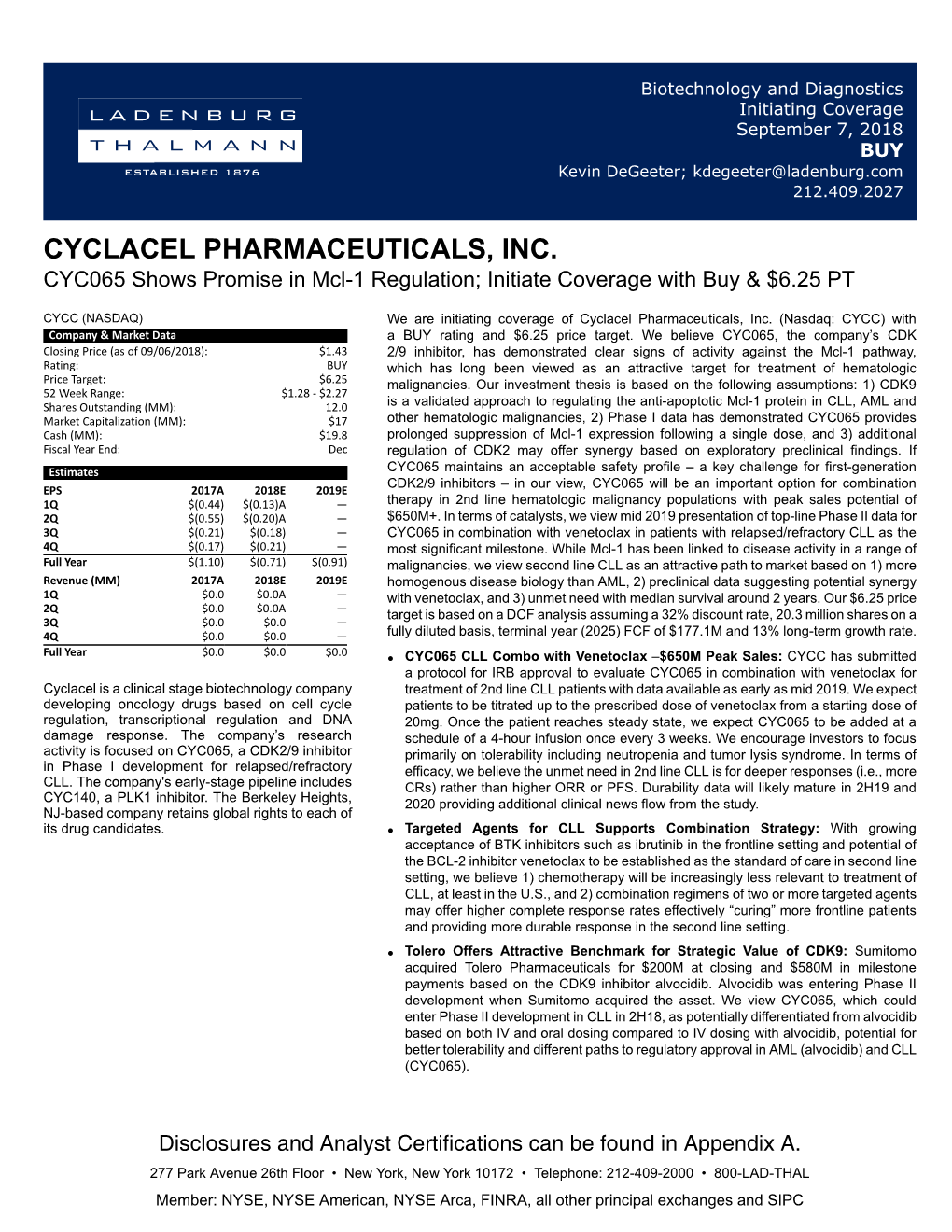 CYCLACEL PHARMACEUTICALS, INC. CYC065 Shows Promise in Mcl-1 Regulation; Initiate Coverage with Buy & $6.25 PT