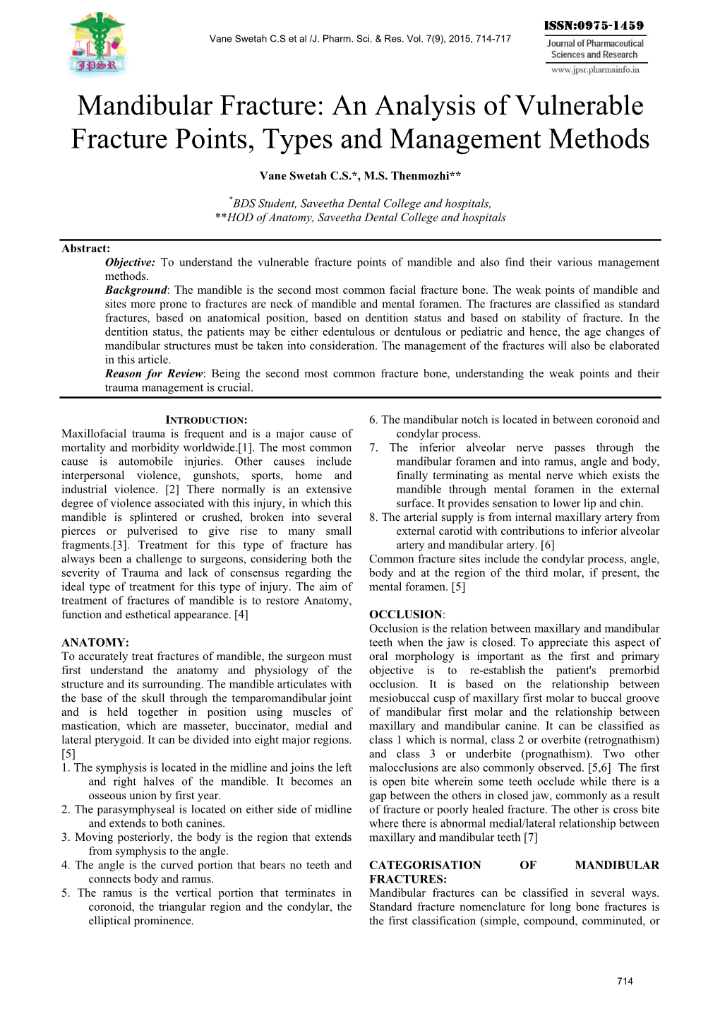 Mandibular Fracture: an Analysis of Vulnerable Fracture Points, Types and Management Methods