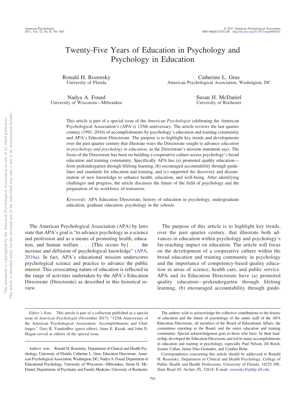 Twenty-Five Years of Education in Psychology and Psychology in Education