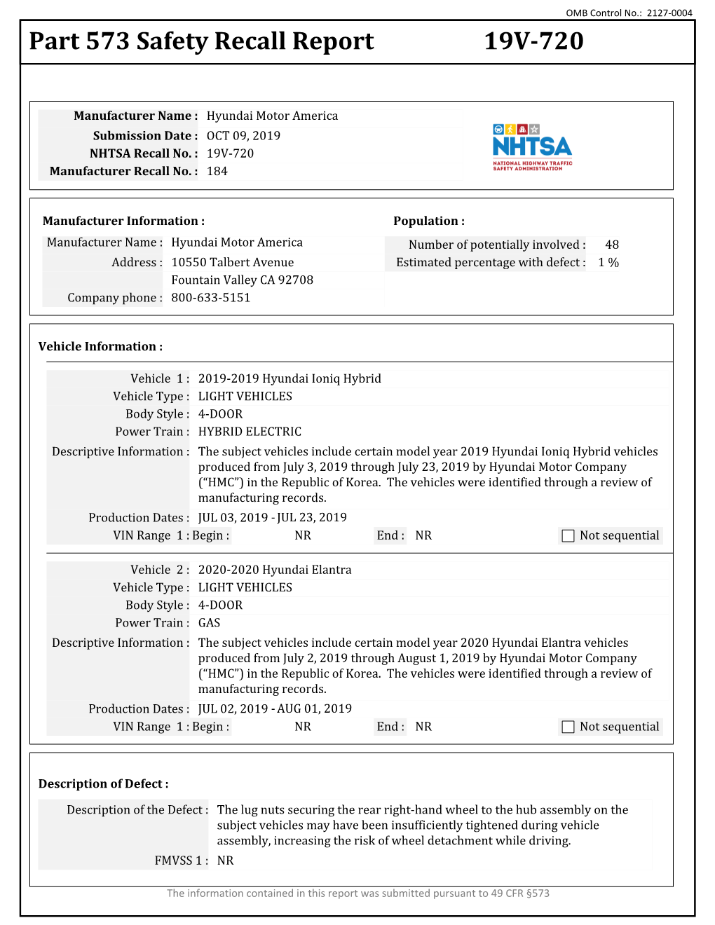 Part 573 Safety Recall Report 19V-720