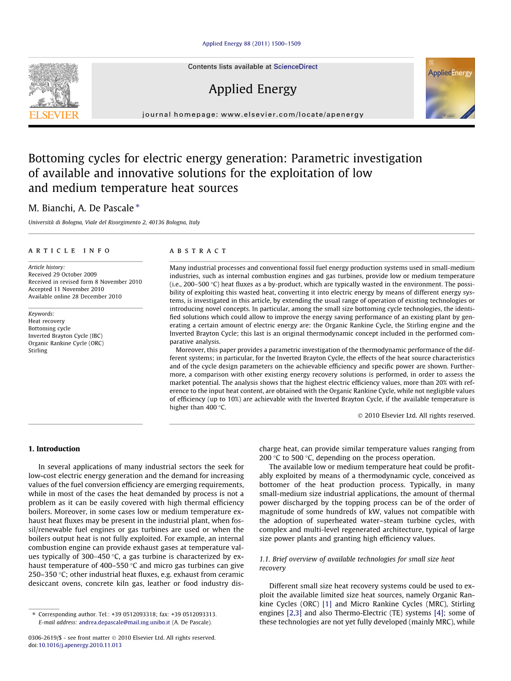 Bottoming Cycles for Electric Energy Generation: Parametric