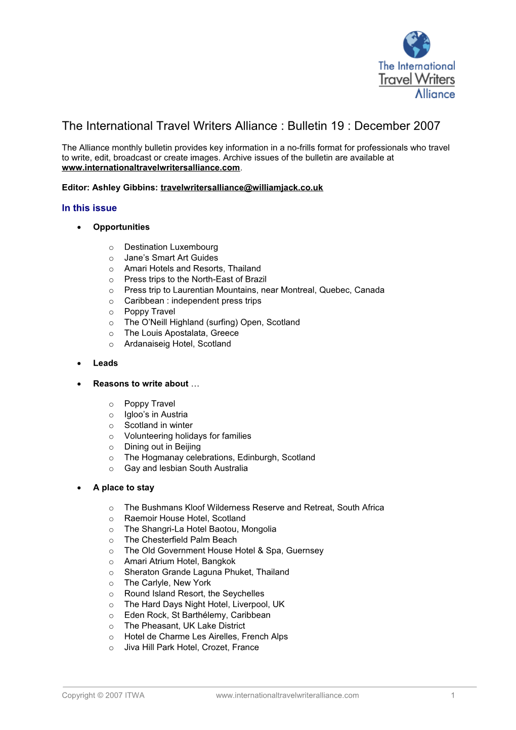 The International Travel Writers Alliance : Bulletin 18 : November 2007