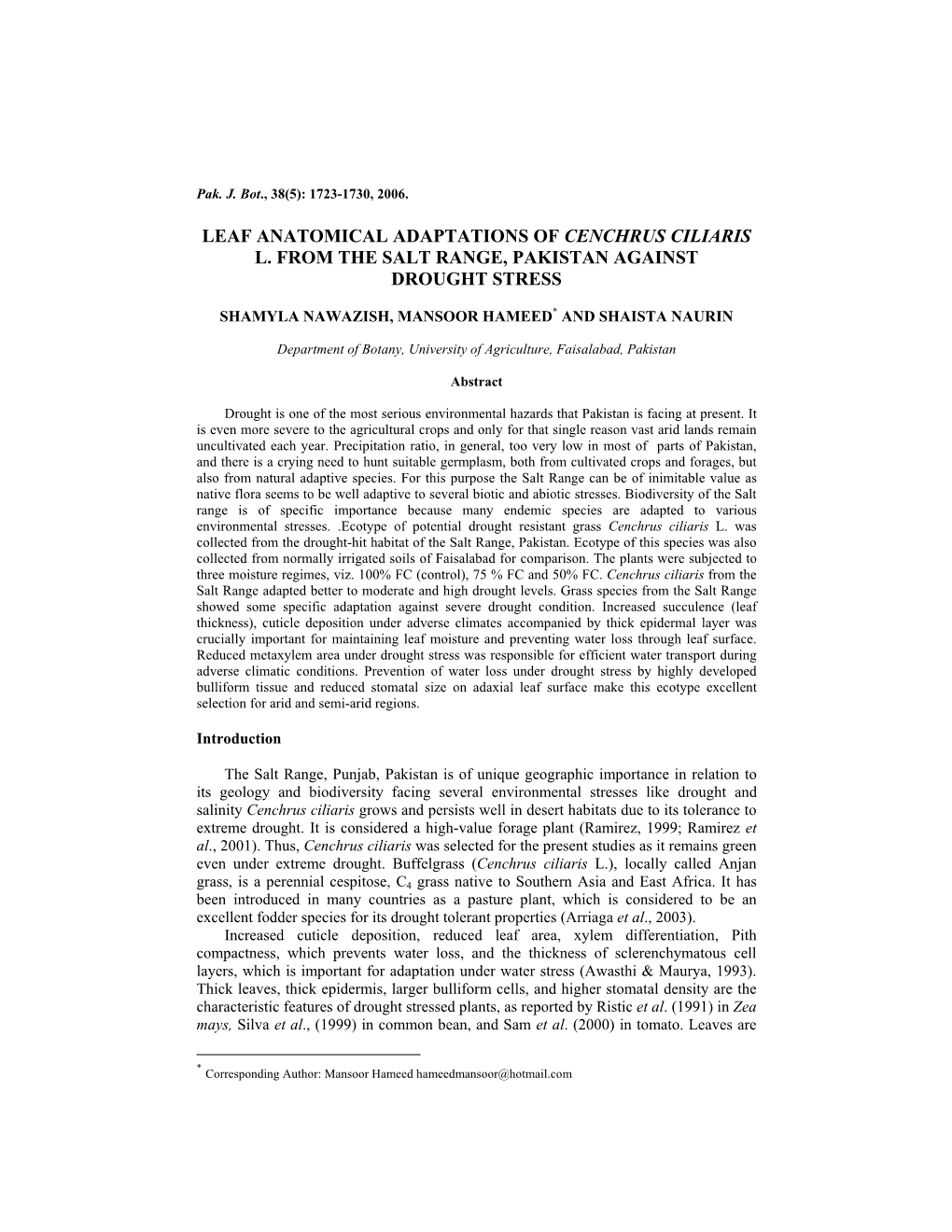 Leaf Anatomical Adaptations of Cenchrus Ciliaris L. from the Salt Range, Pakistan Against Drought Stress