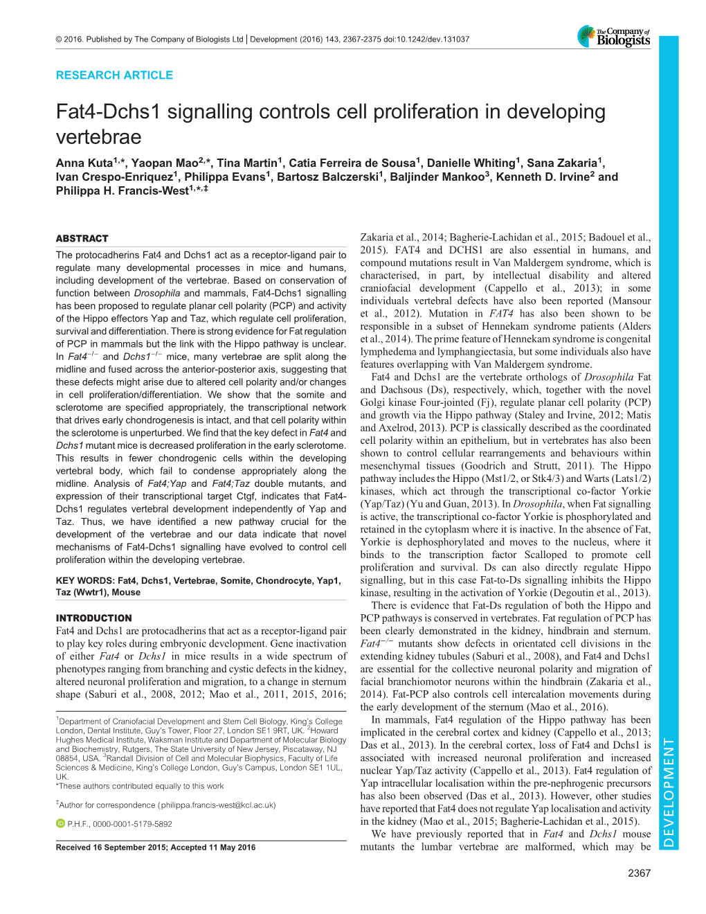 Fat4-Dchs1 Signalling Controls Cell Proliferation in Developing Vertebrae