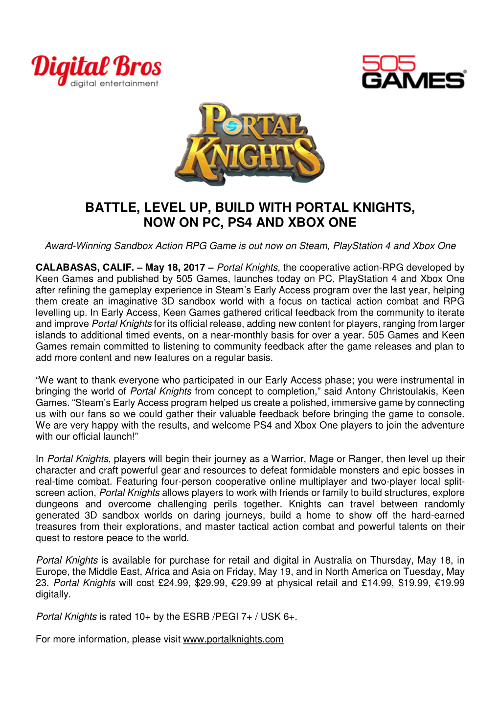 Battle, Level Up, Build with Portal Knights, Now on Pc, Ps4 and Xbox One