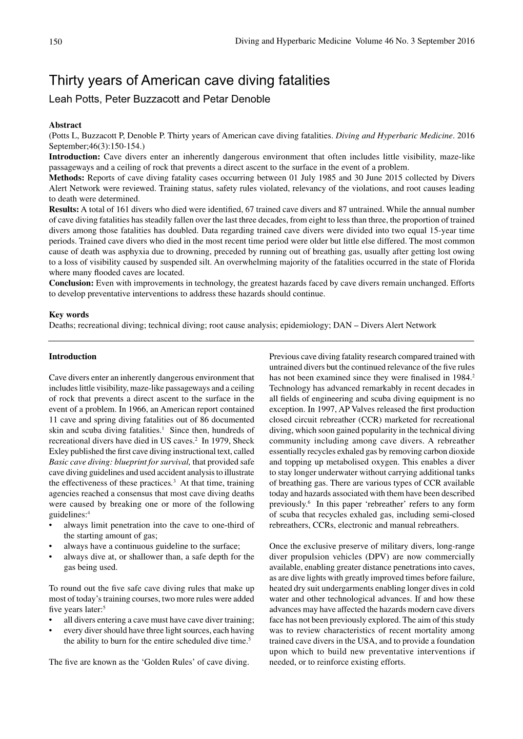 Thirty Years of American Cave Diving Fatalities Leah Potts, Peter Buzzacott and Petar Denoble