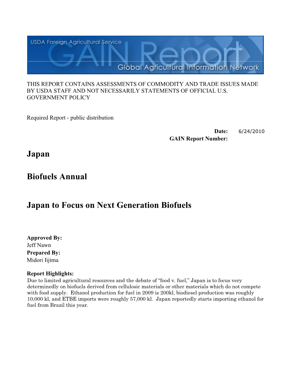 Japan Biofuels Annual Japan to Focus on Next Generation Biofuels