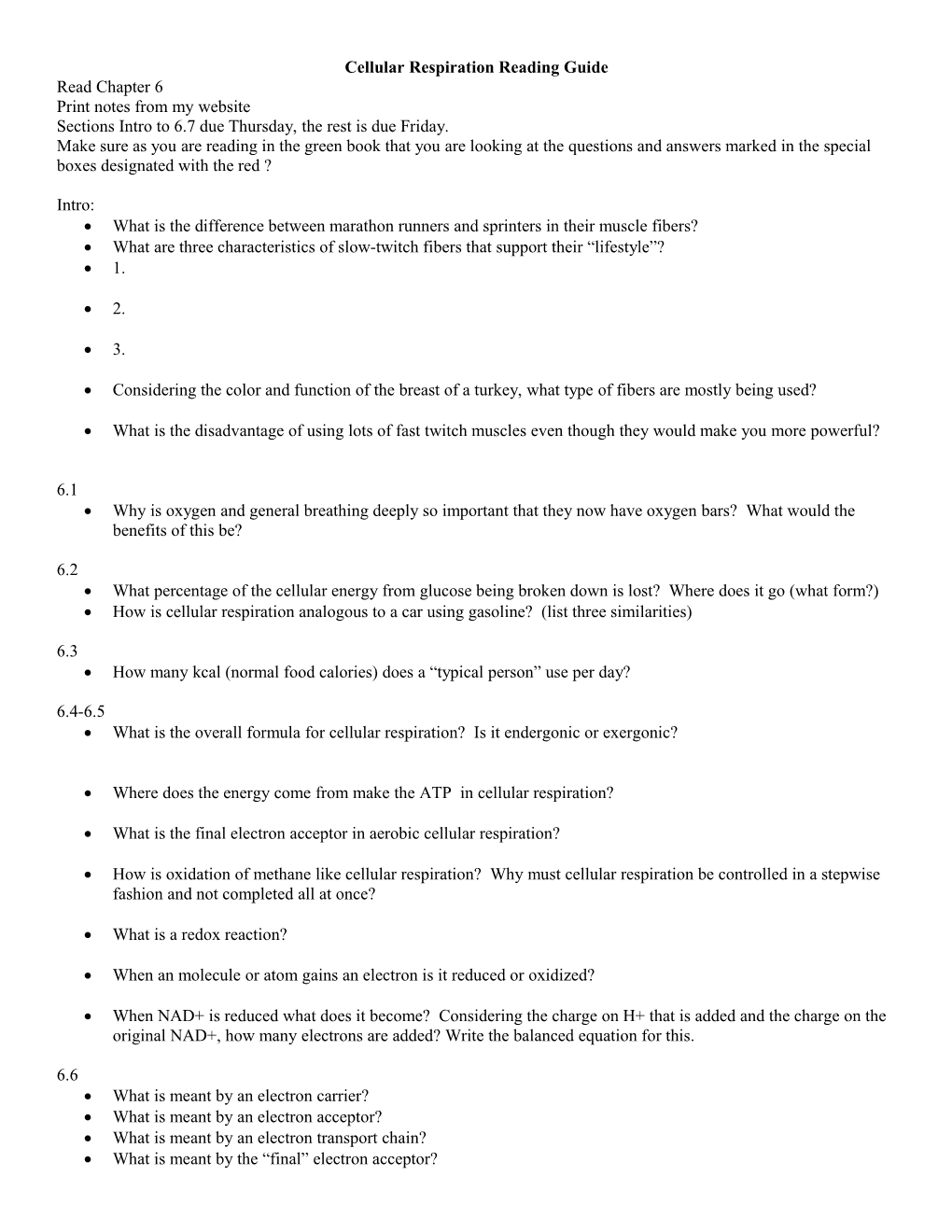 Cellular Respiration Reading Guide