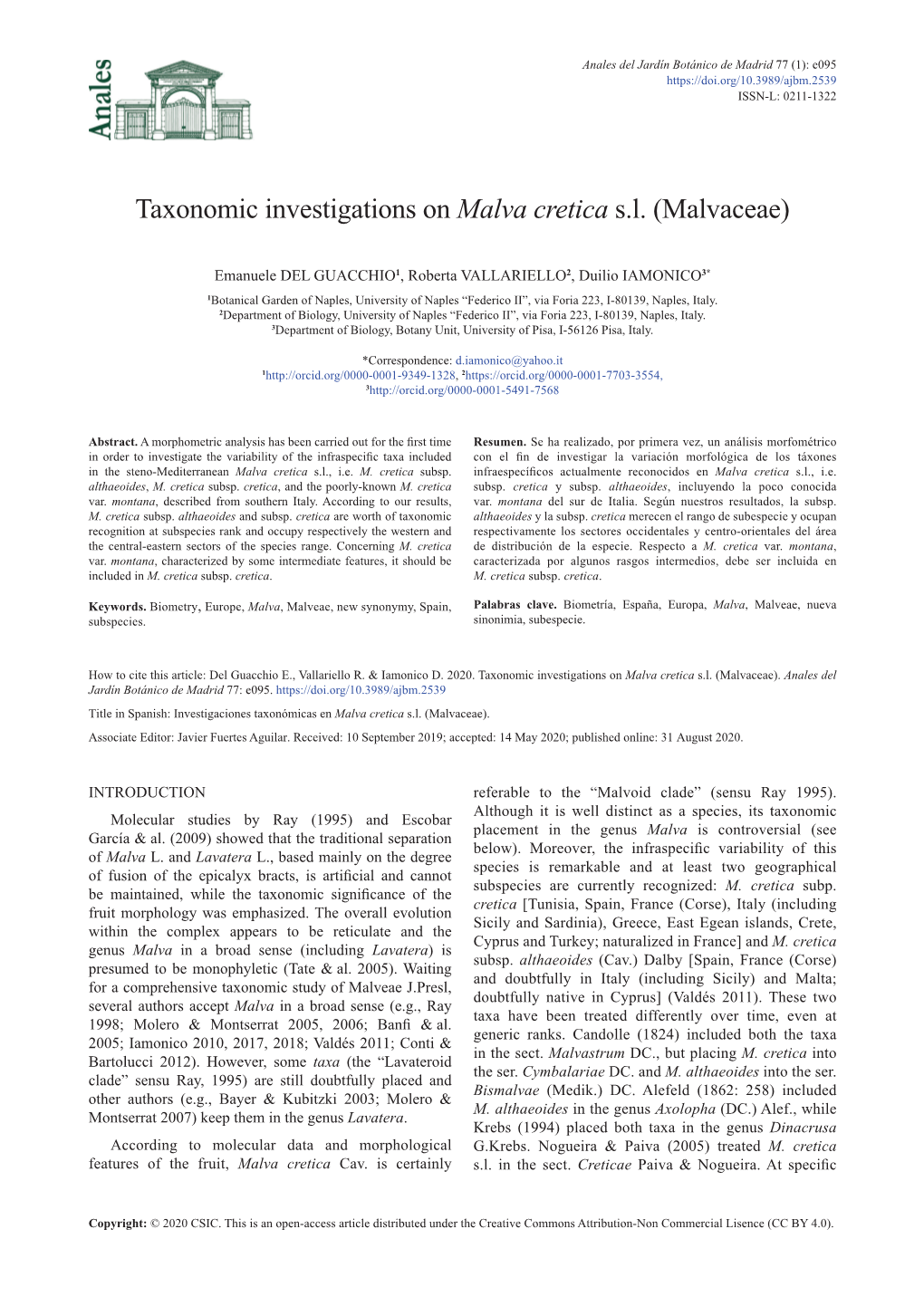 Taxonomic Investigations on Malva Cretica Sl (Malvaceae)