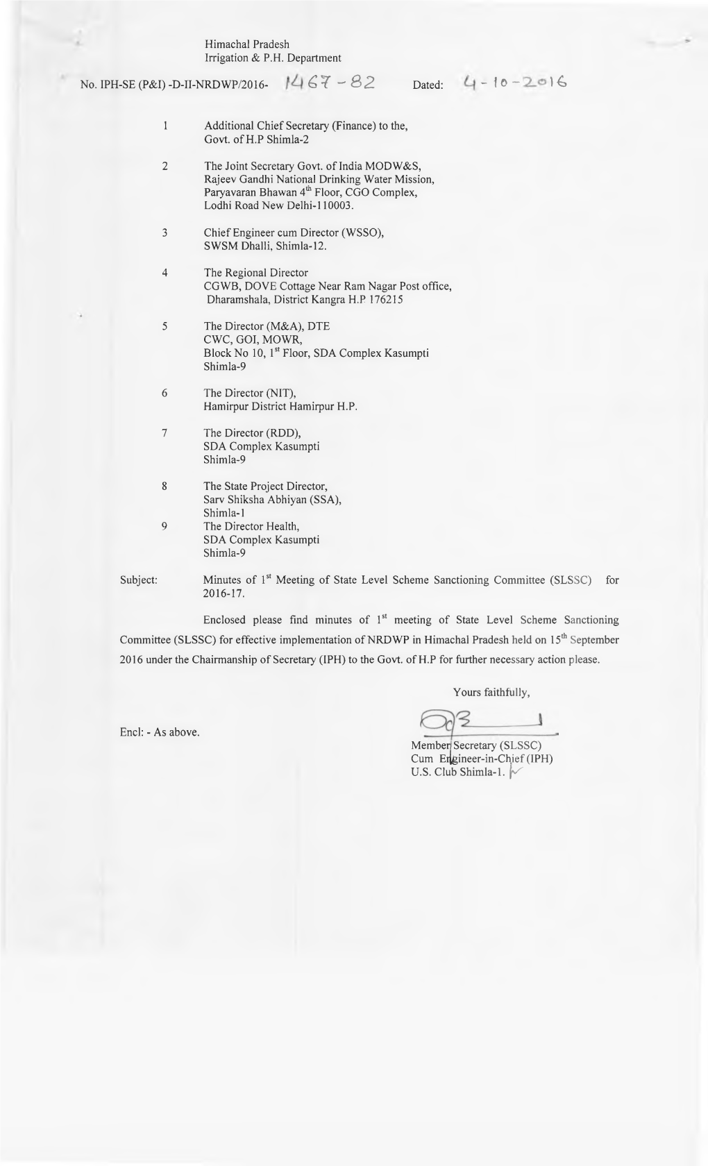 Minutes of 1St Meeting of State Level Scheme Sanctioning Committee (SLSSC) for 2016-17