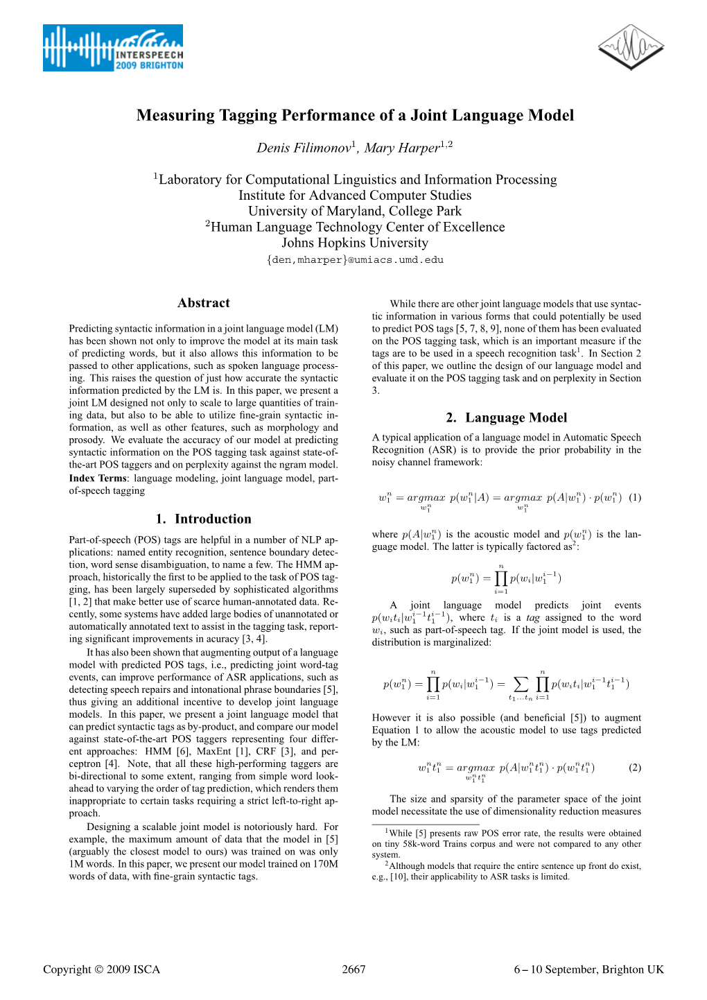 Measuring Tagging Performance of a Joint Language Model