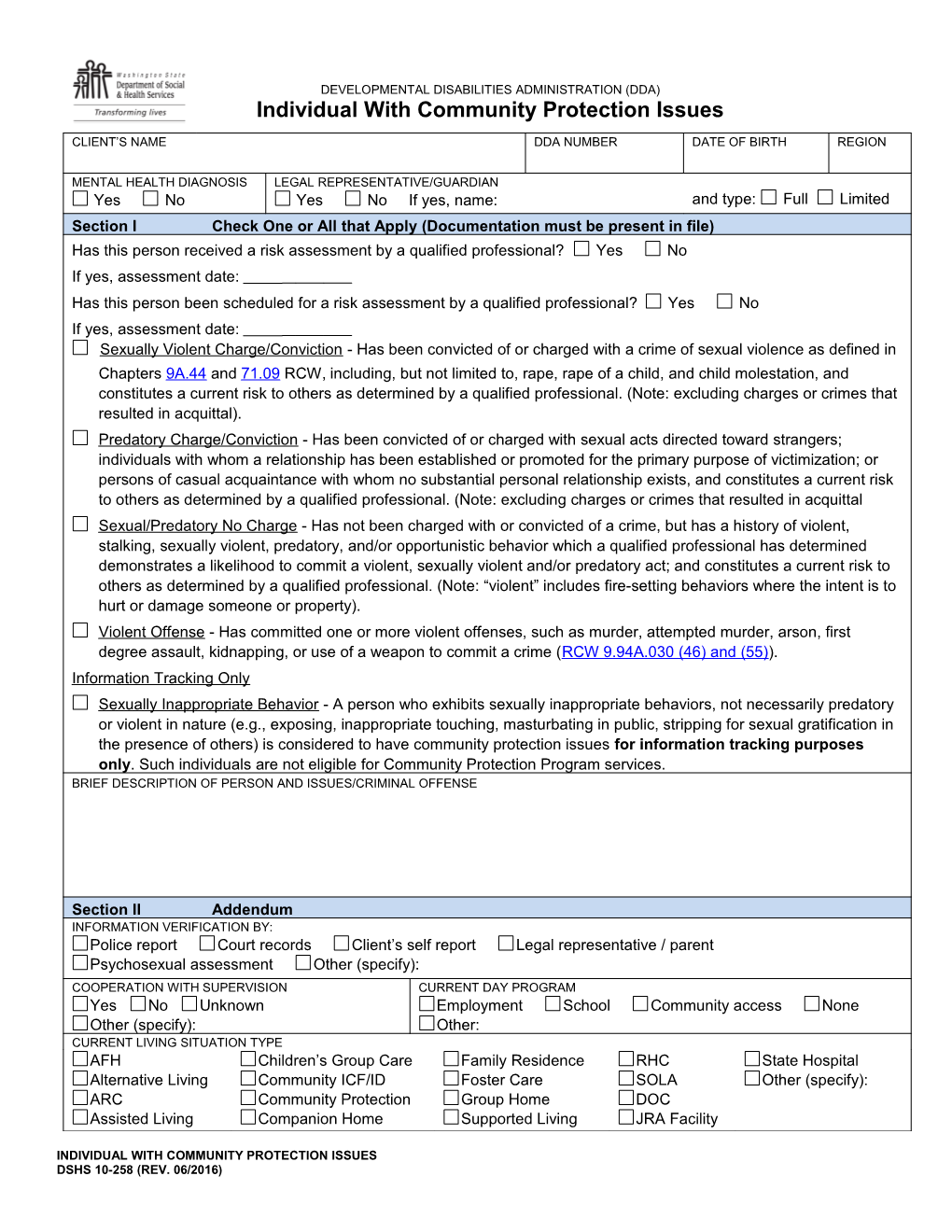 Individual with Community Protection Issues