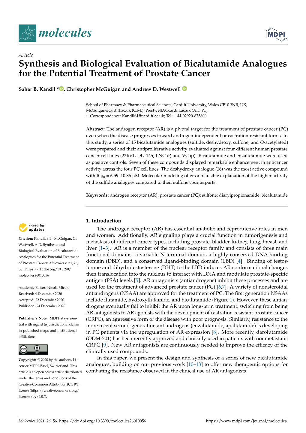 Synthesis and Biological Evaluation of Bicalutamide Analogues for the Potential Treatment of Prostate Cancer