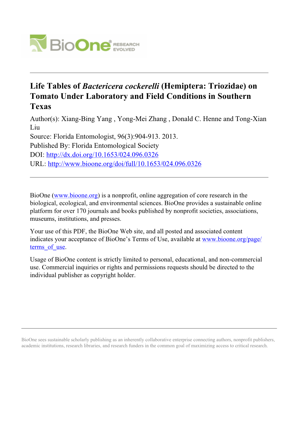 Life Tables of Bactericera Cockerelli