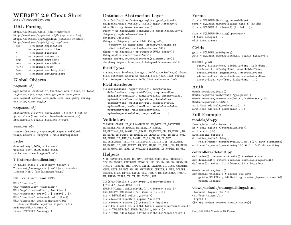 WEB2PY 2.9 Cheat Sheet