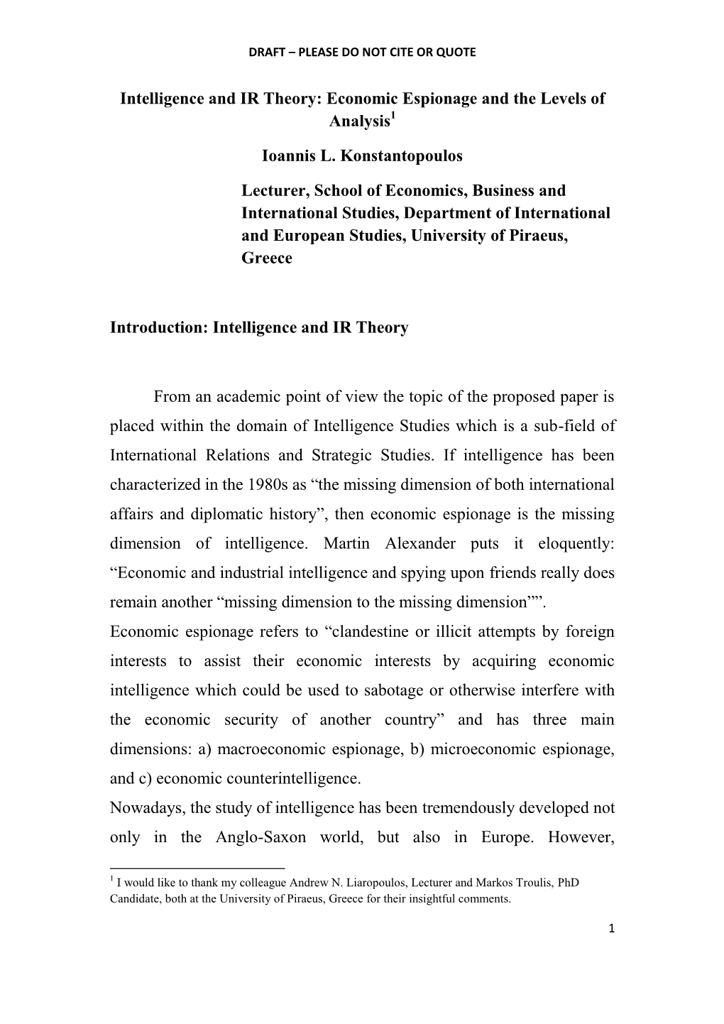 Intelligence and IR Theory: Economic Espionage and the Levels of Analysis1