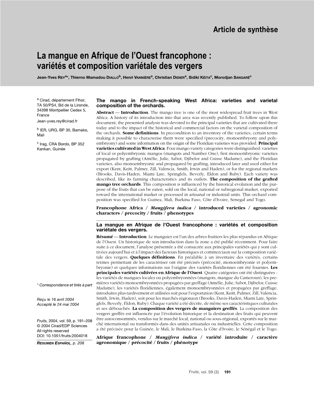 La Mangue En Afrique De L'ouest Francophone : Variétés Et