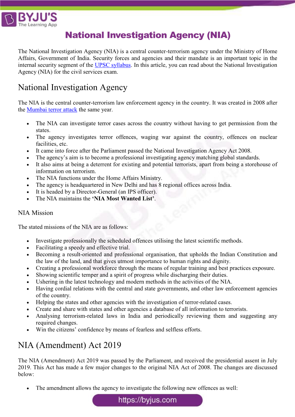 National Investigation Agency (NIA)