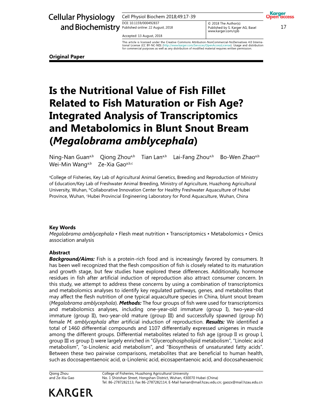 Integrated Analysis of Transcriptomics and Metabolomics in Blunt Snout Bream (Megalobrama Amblycephala)