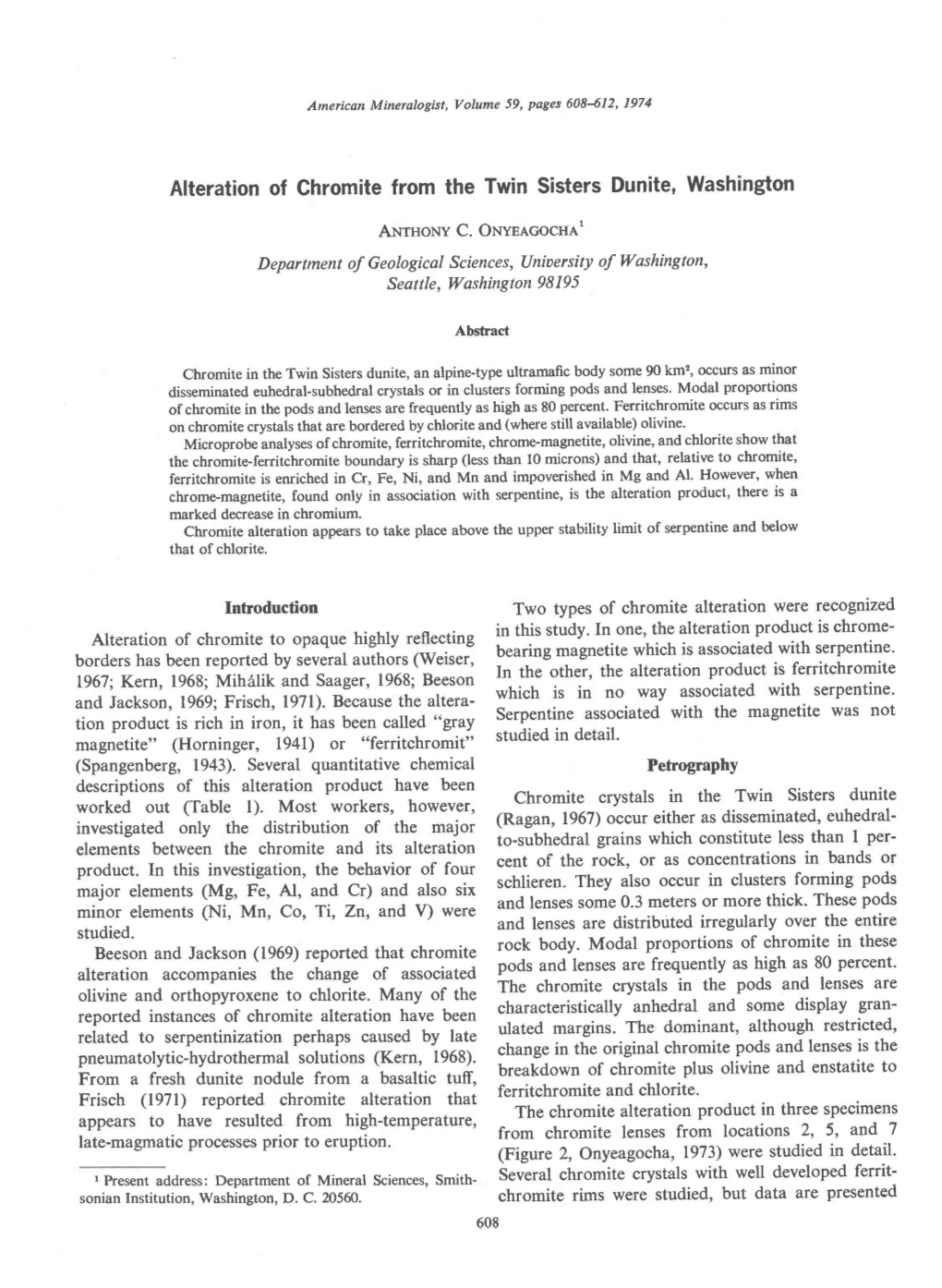 Alteration of Ghromite from the Twin Sisters Dunite, Washington