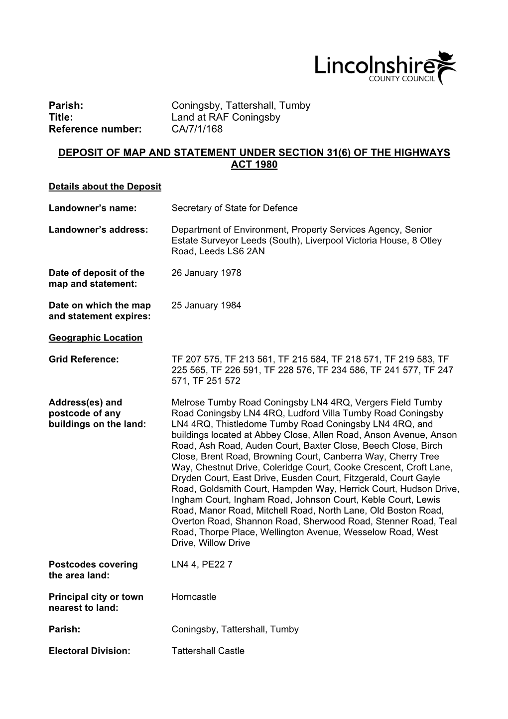 Parish: Coningsby, Tattershall, Tumby Title: Land at RAF Coningsby Reference Number: CA/7/1/168