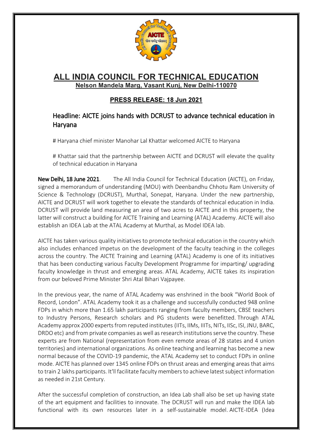 INDIA COUNCIL for TECHNICAL EDUCATION Nelson Mandela Marg, Vasant Kunj, New Delhi-110070