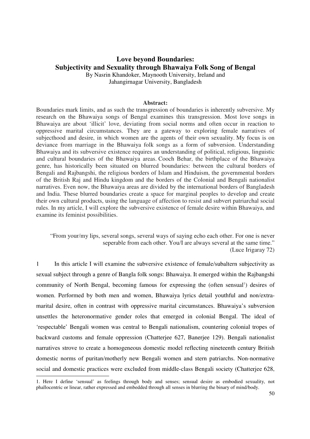 Subjectivity and Sexuality Through Bhawaiya Folk Song of Bengal by Nasrin Khandoker, Maynooth University, Ireland and Jahangirnagar University, Bangladesh