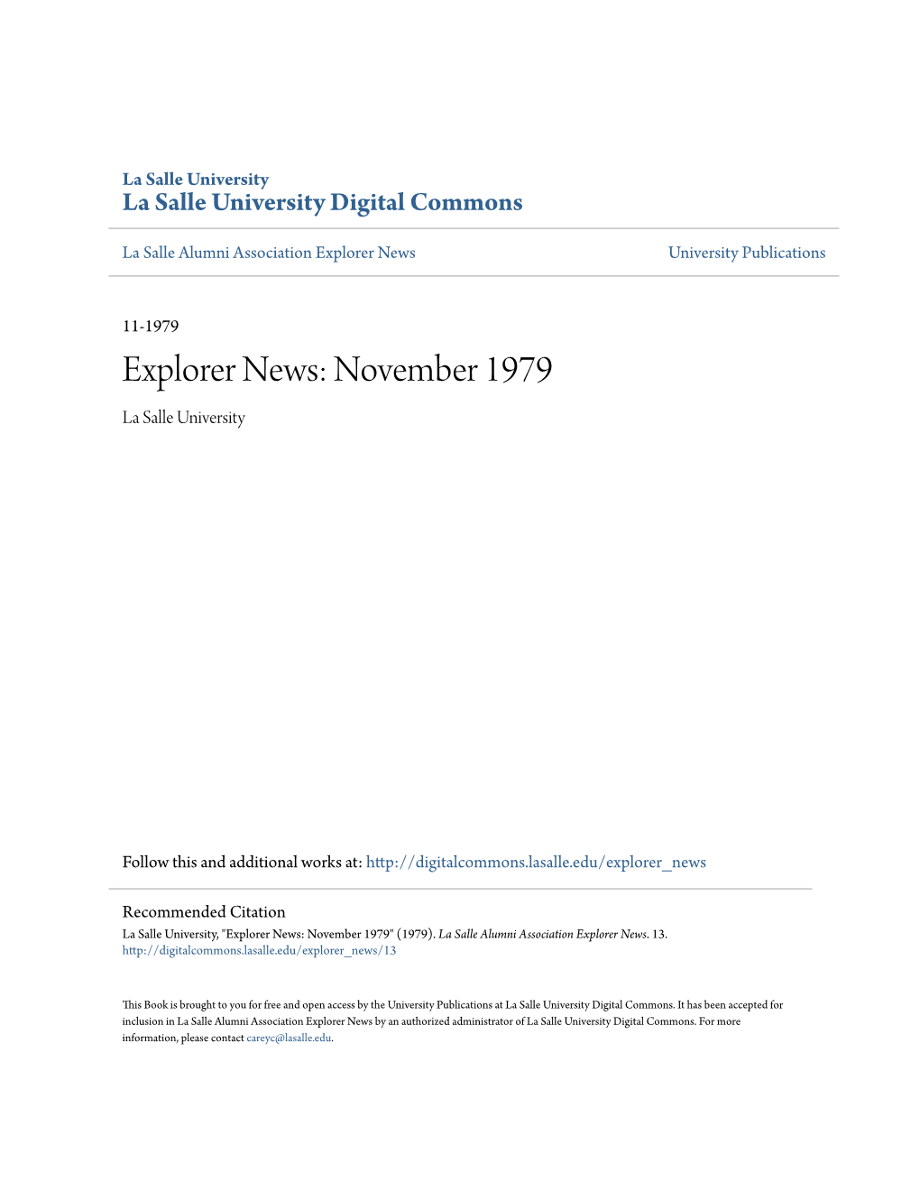 Explorer News: November 1979 La Salle University