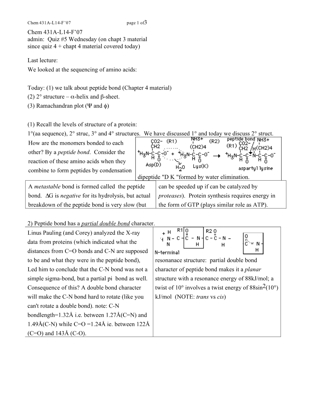 Chem 431A-L14-F'07 Admin: Quiz #5 Wednesday