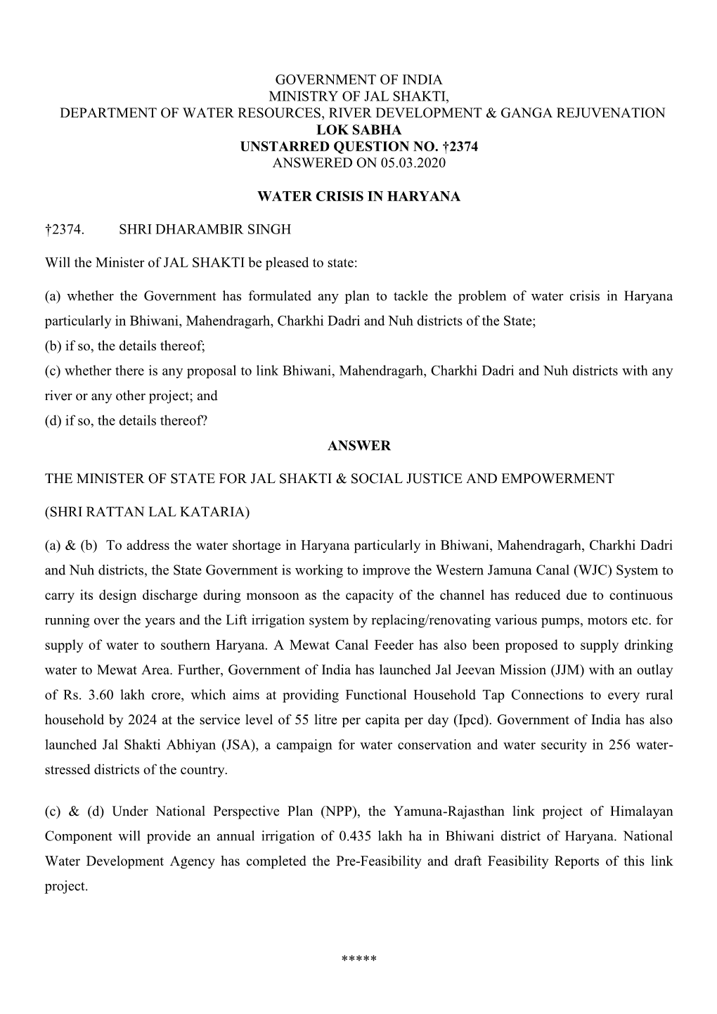 Government of India Ministry of Jal Shakti, Department of Water Resources, River Development & Ganga Rejuvenation Lok Sabha Unstarred Question No