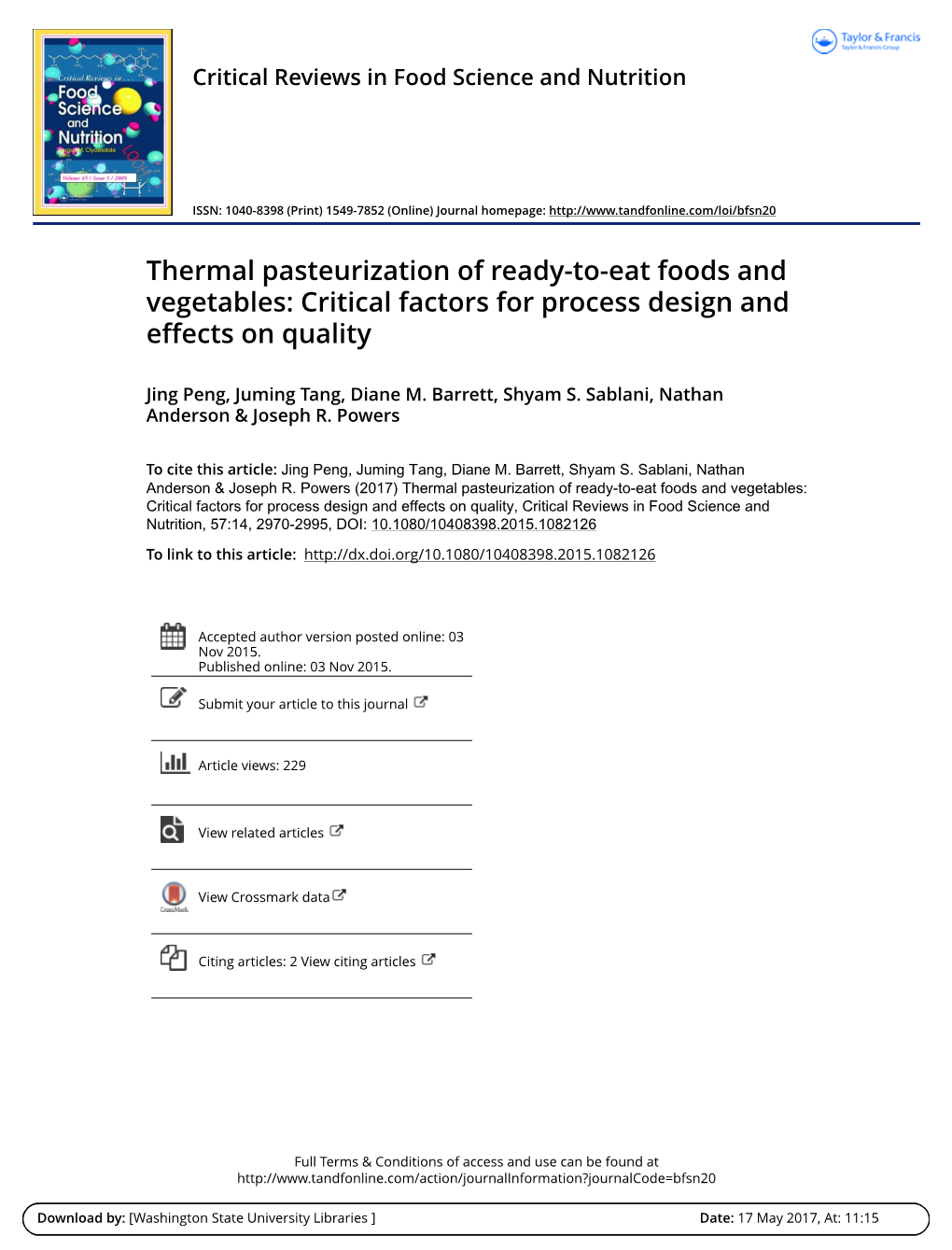 Thermal Pasteurization of Ready-To-Eat Foods and Vegetables: Critical Factors for Process Design and Effects on Quality