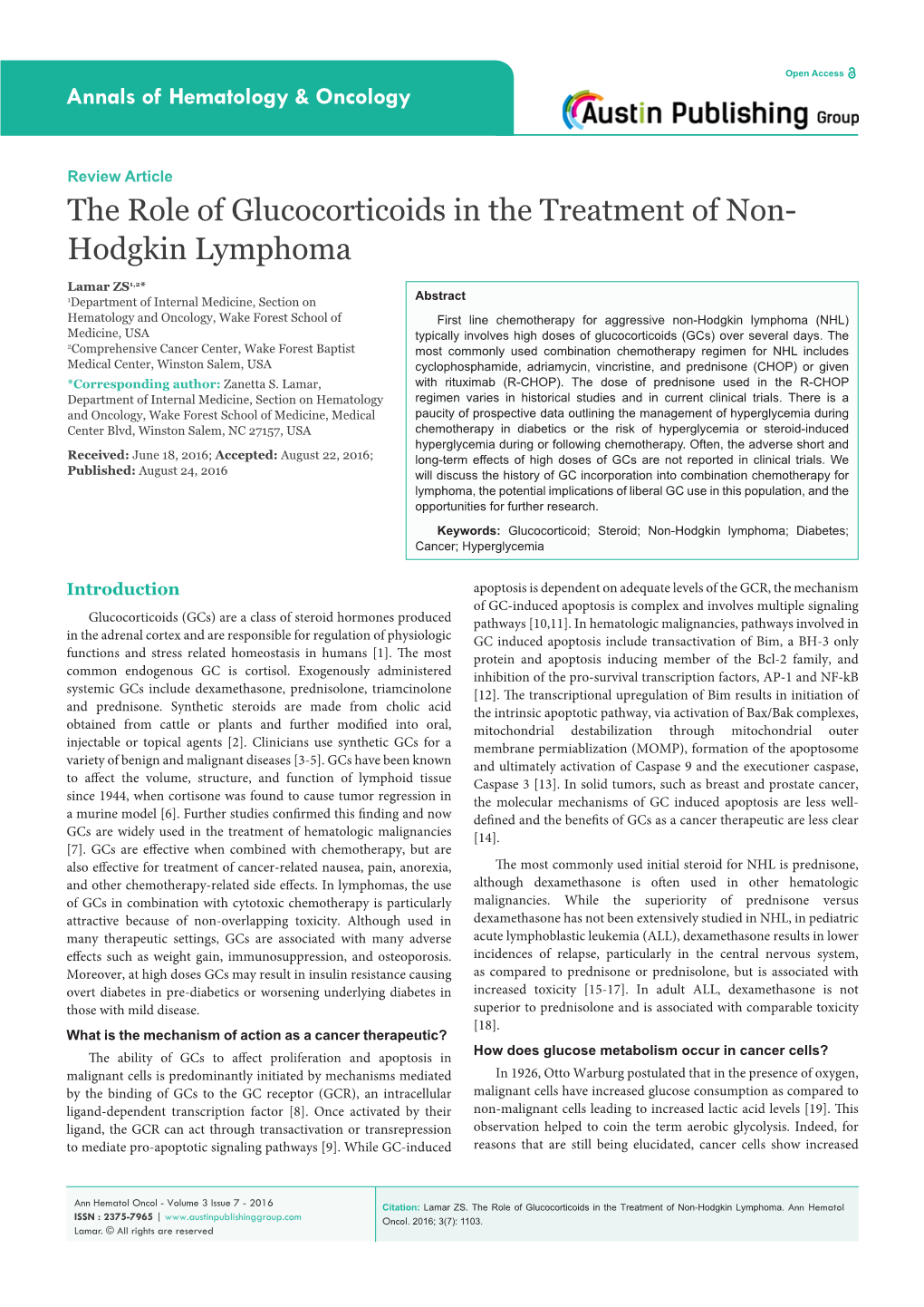 The Role of Glucocorticoids in the Treatment of Non-Hodgkin Lymphoma