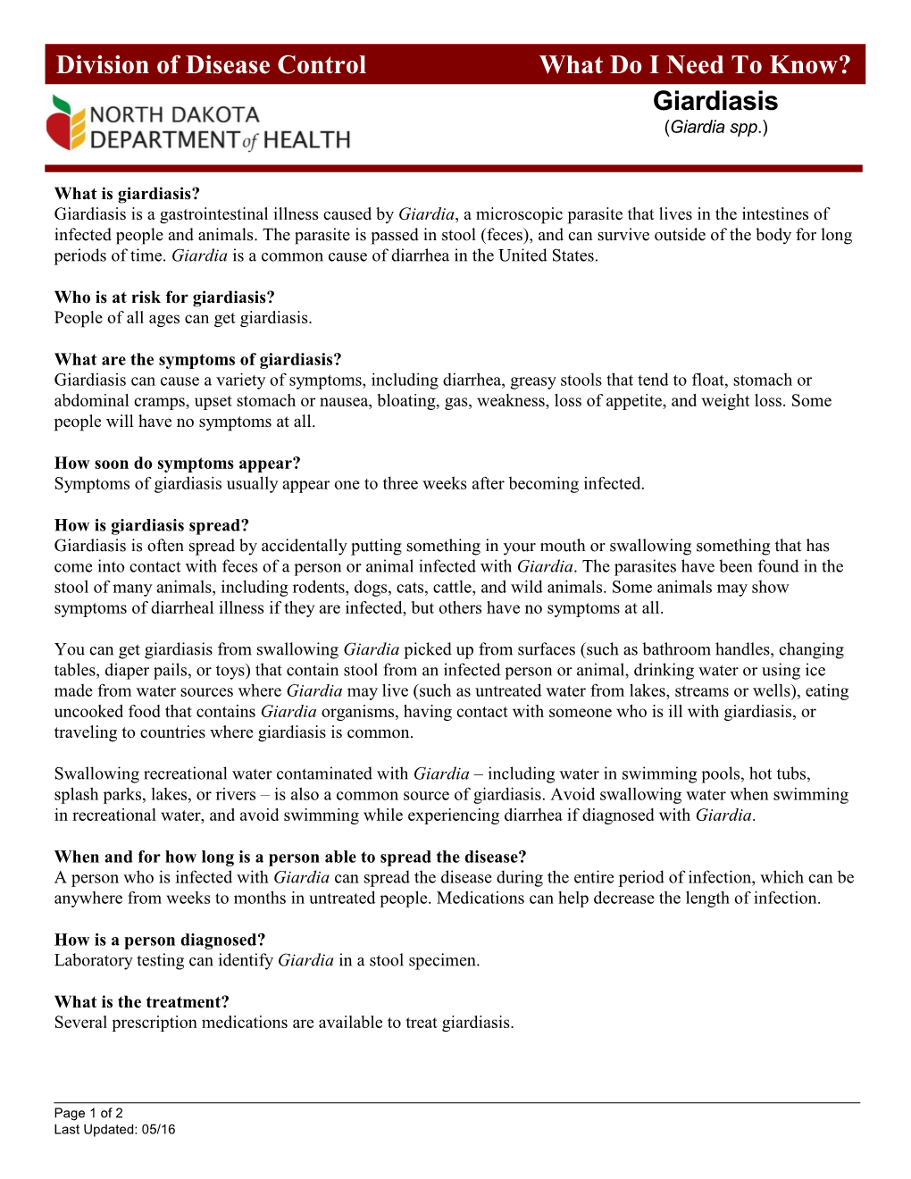 Giardiasis Division of Disease Control What Do I Need to Know?