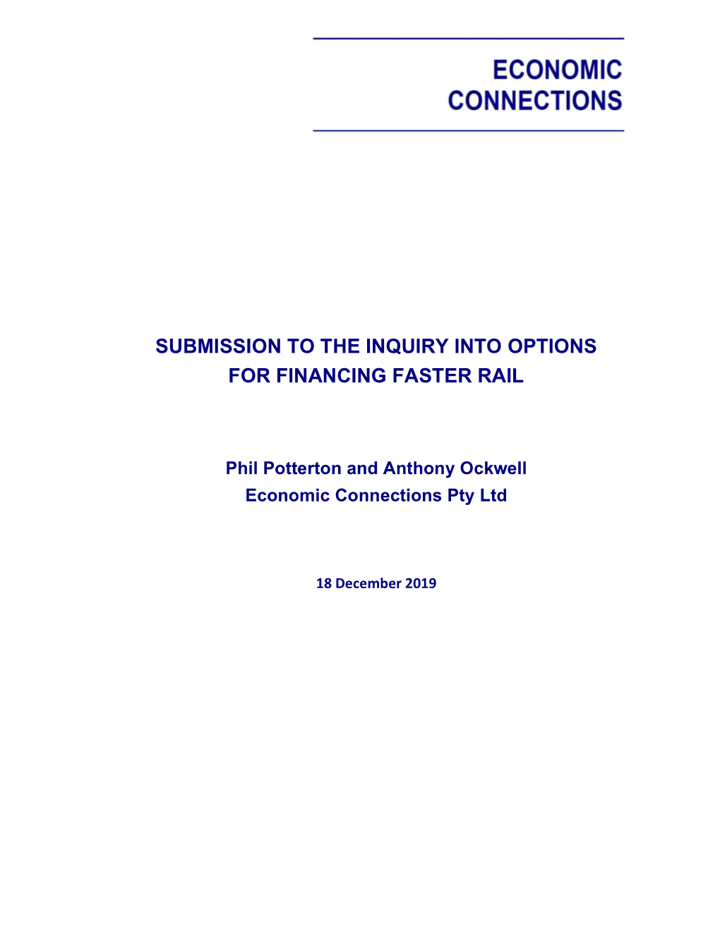 Submission to the Inquiry Into Options for Financing Faster Rail