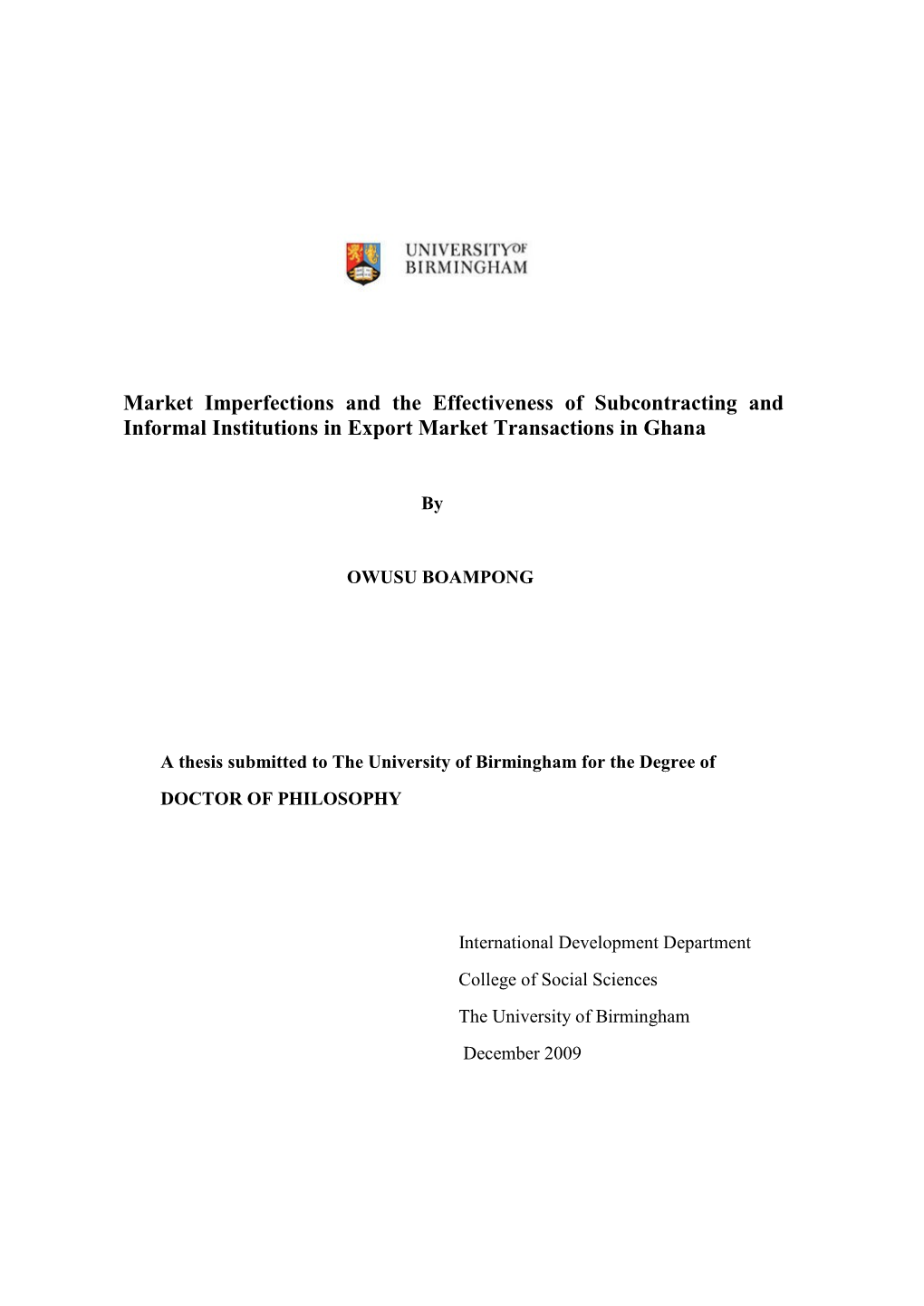 Market Imperfections and the Effectiveness of Subcontracting and Informal Institutions in Export Market Transactions in Ghana