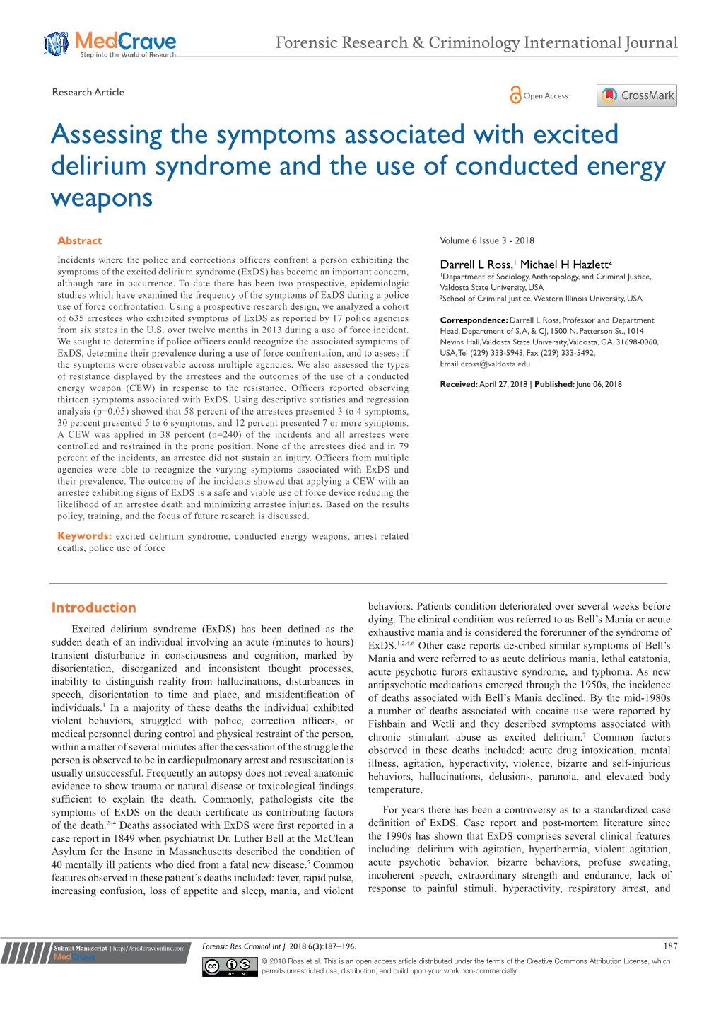 Assessing the Symptoms Associated with Excited Delirium Syndrome and the Use of Conducted Energy Weapons