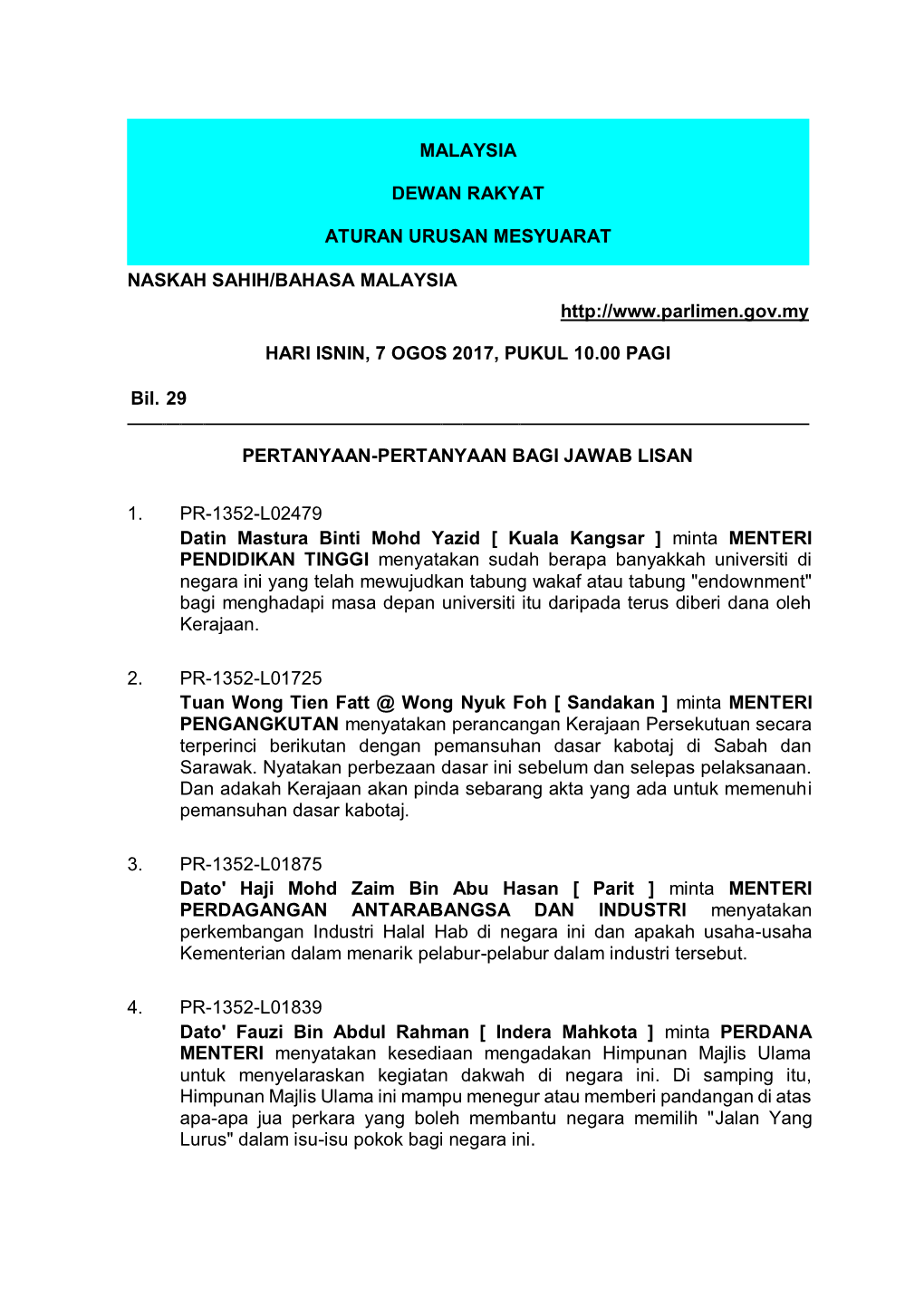 Malaysia Dewan Rakyat Aturan Urusan Mesyuarat